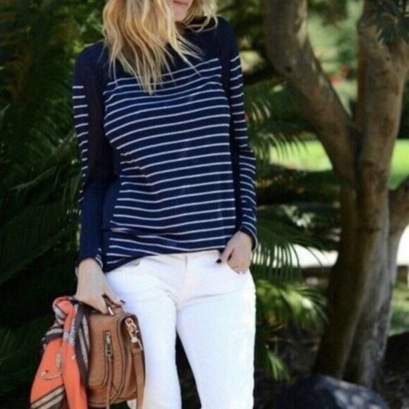 Cabi M Navy Blue White Stripe Thin Knit Lightweight Sweater Pullover Regiment - Picture 1 of 14
